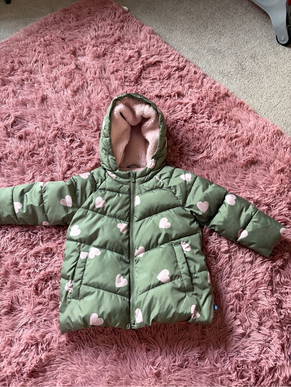 GAP Factory Olive Green Puffer Jacket with Pink Hearts